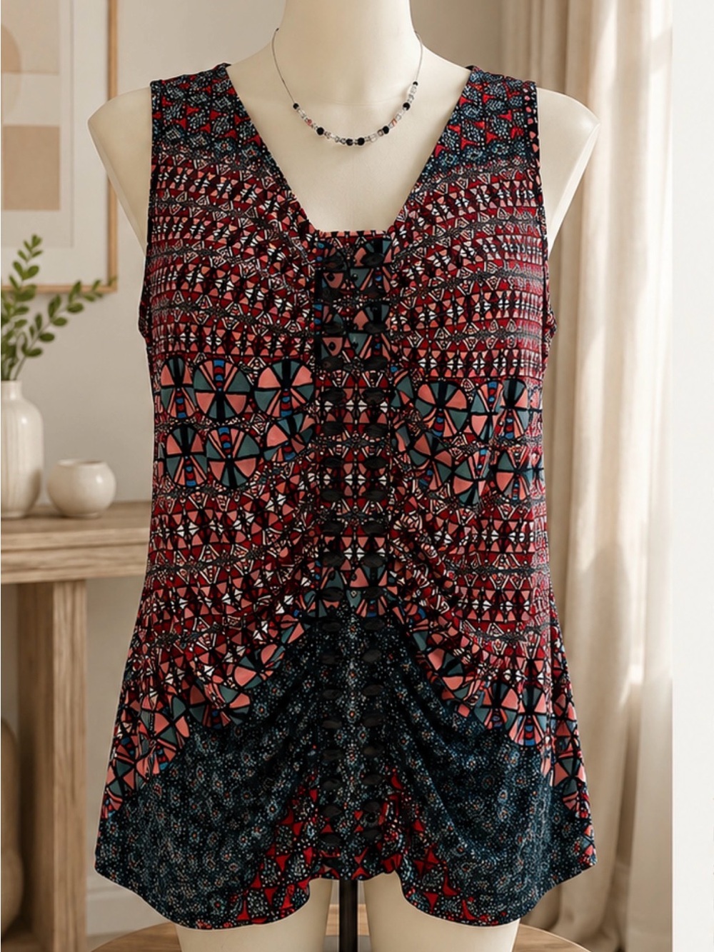 Jockey Red & Blue Geometric Twist-Front Tank